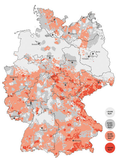 Die Karte zeigt die Radonaktivitätskonzentration in der Bodenluftin Deutschland