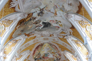  Im Gewölbe des Freisinger Domes ordnen sich die gemalten Brokatflächen in beispielhafter Weise der Gesamtfarbigkeit des Raumes unter 