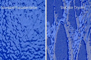  Links: Bei der Standard-Fassadenfarbe (links) benetzt Wasser die Oberfläche. Bei ?StoColor Dryonic? (rechts) fließt das Wasser von der Oberfläche ab 