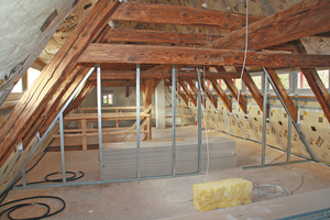  Rechts: Ausbau im Dachgeschoss mit nichttragenden Trennwänden in Trockenbau-weise 