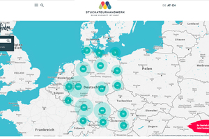  Stuckateurbetriebe können sich auf der Website registrieren und freie Lehrstellen angeben, eine Karte zeigt Stuckateur­betriebe aus Deutschland, Österreich und der Schweiz an 