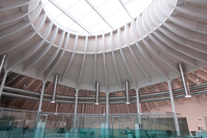  Schöne Dachuntersicht mit Ausblick: Das elliptische Dachfenster versorgt die Labor- und Bürobereiche darunter mit viel Tageslicht 