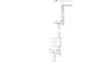  Schnitt Saalverkleidung, Maßstab 1:10 1 Weitspannträger 2 UK Wand UW/CW 75 3 Decke aus 2 Lagen GK-Platten, Anschluss Blende schwarz 4 Dämmstoff-Fixierung 5 50 mm Hohlraumbedämpfung Mineralwolle WLG 040 6 Profil CW 75 Abstand 500 mm 7 19 mm Akustik-Wandver 