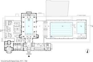  Grundriss Erdgeschoss, Maßstab 1:750 1 Haupteingang 2 Eingangshalle 3 Wartebereich 4 Kasse / Shop 5 Jugendstilschwimmhalle 6 Jugendstilschwimmbecken 7 Aufenthaltsbereich 8 Betontreppe / Sitzstufen 9 Schwimmhalle neu 10 Schwimmbecken 11 Sprunganlage 12 Leh 