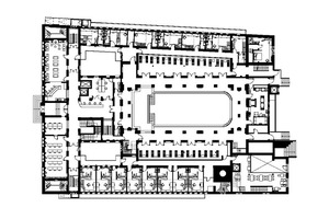  Grundriss Erdgeschoss, Maßstab 1:750 1 Haupteingang 2 Rezeption 3 Schwimmhalle 4 Schwimmbecken 5 Umgang 6 Restaurant 7 Hotelzimmer 8 Lounge-Bibliothek 9 kleiner Seminarraum 10 großer Seminarraum 