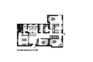  Grundriss Erdgeschoss, Maßstab 1:200  1 Eingang 2 Empfang 3 Büro hinter Empfang 4 Büro 5 Serverraum 6 Wartezimmer 7 Behinderten-WC 8 Wartezimmer Privat 9 Röntgenraum 10 Prophylaxeraum 11 Infopoint 12 Schleuse 13 Eingriffsraum 14 Aufwachraum 15 Behandlungs 