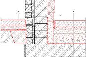  Klassenzimmer Detail Sockel zur Terrasse, Maßstab 1:12,5 Zeichnung: Pfeiffer . Ellermann . Preckel Architekten und Stadtplaner 1 Wandaufbau Brüstung: 90 mm Verblender, Mörtel, 115 mm Brüstung (gemauert und betoniert), Dichtschlämme, Klebemörtel, 60 mm Cal 