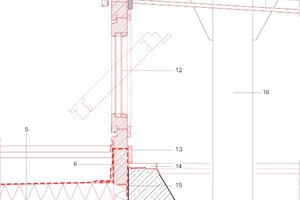  Klassenzimmer Detail Gesims Hochpunkt, Maßstab 1:12,5 Zeichnung: Pfeiffer . Ellermann . Preckel Architekten und Stadtplaner 1 Attikaabdeckung 2 mm Zinkblech 2 Gesimsbretter als Okoumé-Platten 3 Hartschaum mit luftdichter Abklebung 4 Dampfsperre 5 Dachaufb 