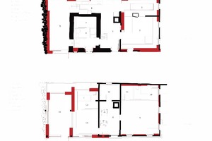  Grundriss Obergeschoss, Maßstab 1:200 (rot = Dämmbeton) 1 Flur 2 Stube 3 Esstisch 4 Küche 5 ehemalige Tenne 6 Bad 7 Lager/Technik 