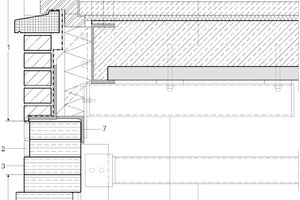  Fassadendetail, Maßstab 1:12,5 Zeichnung: MVRDV 1 traditionell aus Ziegeln gemauerte Fassade 2 Glasstein, außen mit keramischer Schicht 3 Glassteine 4 Hahnenkamm aus maßgefertigten Glassteinen 5 UPE-Stahlträger 6 Stahlbetondecke 7 Edelstahlwinkel 100 x 10 