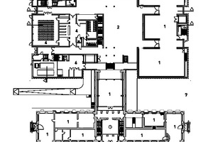  Grundriss Erdgeschoss, Maßstab 1:1000 1 Ausstellung 2 Foyer / Eingangshalle 3 Café / Restaurant 4 Shop / Buchhandlung 6 Anlieferung / Kunsttransport 7 Skulpturengarten 