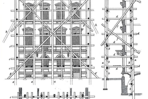  Planung eines Fassadengerüstes mit verfahrbarer Seilwinde auf der obersten Gerüstetage. Eine Lösung für das Versetzen schwerer Fassadenelemente in jeder Lage (nach O. Warth, Konstruktionen in Holz,6. Aufl. Tafel 117, Leipzig 1900) 