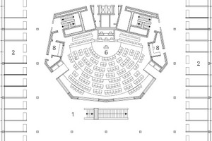  Grundriss Hauptgeschoss, Maßstab 1:750 1 Foyer / Wandelhalle 2 Büors 3 Pressebereich 4 Bankettsaal 5 Restaurant 6 Plenarsaal 7 Sitzungssäle 8 Hörfunkstudio 