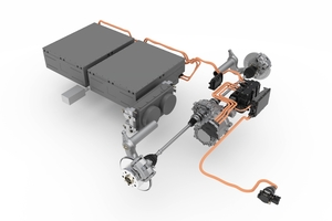  Der E-Antrieb des Hybrid Power Chassis. Mit den entsprechenden Energiespeichern und der intelligenten Steuereinheit können die Fahrzeuge bis zu 100 Kilometer rein elektrisch fahren 