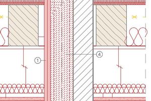  1	 F90 Brandschutzbekleidung 2 x 20 mm2 	Brandabschottung nach Installation Heizung/Sanitär durch Ausbetonieren3 	Verschließen der Wandschlitze nach Installation4 	Innenputz 