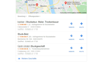  Google My Business: so sieht das Ergebnis aus, wenn man nach den Begriffen Stuckateur und Bonn sucht 