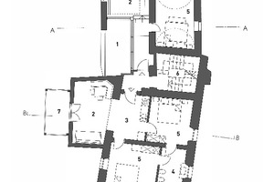  Grundriss 1. Obergeschoss, Maßstab 1:200 1 Loggia 2 Wohnraum 3 Küche 4 Bad 5 Schlafzimmer 6 Treppenhaus 7 Balkon Zeichnung: Stefan Pardatscher 