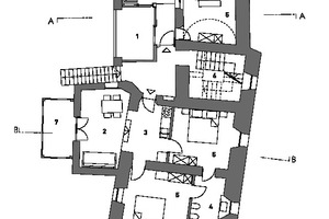  Grundriss 1. Obergeschoss, Maßstab 1:200 1 Loggia 2 Wohnraum 3 Küche 4 Bad 5 Schlafzimmer 6 Treppenhaus 7 Balkon 