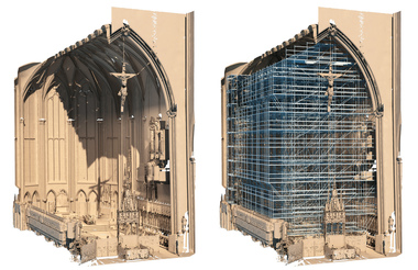  Der Innenraum wurde mangels Bestandsplänen mithilfe von 3D-Laser-Scanning erfasst und in ein 3D-Bauwerksmodell überführt – als Grundlage für die Gerüstplanung mit Peri CAD Grafiken: Peri 