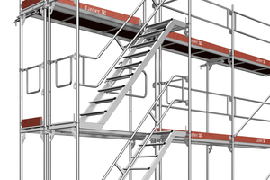  Eine Podesttreppe ermöglicht einen schnellen, sicheren und komfortablen Aufstieg im Gerüst – selbst mit Arbeitsmaterial 