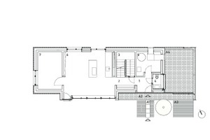  Grundriss Erdgeschoss, Maßstab 1:200 1 Entreé 2 Garderobe 3 Treppenhaus 4 Gäste-WC 5 Technikraum 6 Wohnküche 7 Wohnzimmer A1 Zuwegung A2 Vordach A3 Zufahrt A4 Carport Zeichnungen: Cityförster 