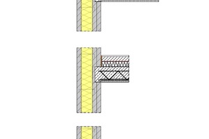  Fassadenschnitt, Maßstab 1:20 grau = gedruckte Außenwandschale gelb = Wärmedämmung (Perliteschüttung) Zeichnung: Mense-Korte ingenieure+architekten 