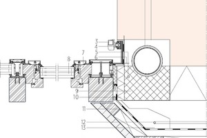  Fensteranschlussdetail, Maßstabe 1:15 1 Lehmausfüllung der Aussparung im Stampflehmfertigteil 2 Fallrohr DN 125 PV gedämmt am Stampflehmfertigteil befestigt 3 Markisolette als Sonnenschutz 4 Markisenschine mit Stahlwinkeln befestigt 5 Blitzschutz 6 Z-Prof 