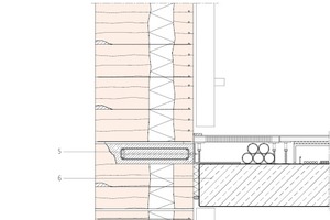  Fassadenschnitt, Maßstab 1:25 Zeichnung: haas cook zemmrich  1 Dach Doppelstehfalz Titanzink Patina Schiefergrau 160 x 24 mm Holzschalung  80 mm Holzlattung hinterlüftet Diffusionsoffene Unterspanbahn 280 mm Dämmung WLG 035 Mechanisch befestigte Dampfbrem 