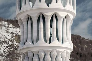  Der „Weisse Turm“ von Mulegns wird ein komplett digital aus Beton gedrucktes Gebäude nach Plänen der Architekten Benjamin Dillenburger und Michael Hansmeyer, das Raum bieten soll für Kunstinstallationen, Hörspieltouren und Theateraufführungen 