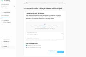  Bürgschaftsdaten können bei Trustlog hochgeladen werden. 