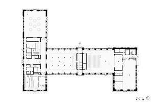  Grundriss Erdgeschoss, Maßstab 1:1000 1 Veranstaltungsraum 2 Garderobe 3 Kino 4 Ausstellungsraum 5 Theatersaal 6 Hinterbühne 7 Werkstatt 