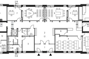  Grundriss Erdgeschoss, Maßstab 1:333 1/3 1 Windfang 2 Foyer 3 Wachdienst 4 ABZ EDV Unterricht 5 ABZ Unterricht 6 Testament Raum 7 Beratung 8 Lehrmittel 9 Sitzung 10 Heizungstechnik 11 Putzraum 12 HA Elektro 13 Registratur 