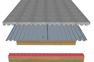  Systematischer Aufbau der Verbundkonstruktion aus (von oben nach unten) PCI Novoment Light, Lewis Schwalbenschwanzplatten, Sylomer Trittschallschutzstreifen und HolzbalkendeckeAbbildung: Spillner 