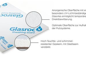  Die anorganische und mit einem äußerst UV-Licht-beständigen Glasvlies ausgestattete Oberfläche der Rigips Glasroc X ermöglicht eine temporäre, direkte Bewitterung, sodass Außenwände über mehrere Monate hinweg vor Witterungseinflüssen geschützt bleiben. Gleichzeitig ist die Plattenoberfläche für die Aufnahme von Putzsystemen optimiert, welche die Funktion des permanenten Wetterschutzes übernehmen.  