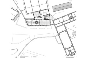  Grundriss 1. Obergeschoss, Maßstab 1:500 1 Luftraum über dem Foyer 2 Treppenhaus 3 Ausstellungsraum (Dauerausstellung) 4 Ausstellungraum (Sonderausstellung) 5 Chorraum 6 Treppenhaus (Service) und WC 