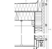 Detailschnitt Attika, Maßstab 1:20  1 Dachaufbau (von außen nach innen) 10 mm zweilagige bituminöse Abdichtung 80 – 230 mm Gefälledämmung mit mindestens 2 % Gefälle, WLG 035 4 mm Notabdichtung 22 mm OSB Holzwerkstoffplatte 240 mm Zwischensparrendämmung, W 
