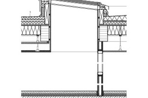  Detailschnitt Dachaufbau, Maßstab 1:33  1 Dachaufbau (von außen nach innen) 10 mm zweilagige bituminöse Abdichtung 80 – 230 mm Gefälledämmung mit mindestens 2 % Gefälle, WLG 035, R ≥ 2,286 m²K/W 4 mm Notabdichtung 22 mm OSB Holzwerkstoffplatte 240 mm Zwis 