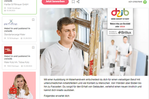  Komfortabel inserieren: Der Brillux-Anzeigenservice umfasst die Gestaltung und das Einstellen des Ausbildungsangebots auf dem deutschlandweit reichweitenstärksten Portal „AZUBIYO“. 