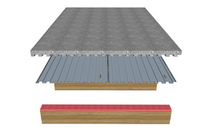  Systematischer Aufbau der Verbundkonstruktion: Von oben nach unten: Leichtestrich, Schwalbenschwanzplatten von Lewis, Trittschallschutzstreifen und Holzbalkendecke  