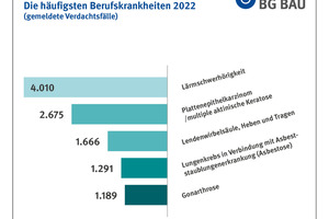  Die häufigsten, gemeldeten Berufskrankheiten waren 2022 laut BG Bau Lärmschwerhörigkeit, Hautkrebs durch Sonneneinstrahlung, Erkrankungen der Lendenwirbelsäure und Lungenkrebs durch Asbest (Asbestose) 