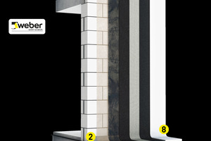  Beispielhafter Systemaufbau der erdberührten Abdichtung: 1. Mineralischer Untergrund2. Hohlkehle mit „weber.tec 933“,Hohlkehlenspachtel „HKS“3. Grundierung mit „weber.prim 900“4. Kratzspachtelung mit „weber.tec Superflex D 24“5. Erste Abdichtungslage mit „weber.tec Superflex D 24“6. Glasseidengewebe Nr. 2 „weber.sys 981“ (bei Druckwasserlast)7. Zweite Abdichtungslage mit „weber.tec Superflex D 24“8. Drän- und Schutzschicht mit „weber.sys 983“ 