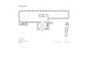  Grundriss Erdgeschoss, Maßstab 1:750 1 Rezeption 2 Halle 3 Wechselausstellung 4 Bar 