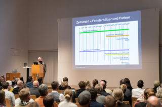 Prof. Matthias Gröne von der Hochschule Esslingen nahm die Zuhörer in seinem Vortrag über die farbige Welt historischer Fenster auf eine Zeitreise durch 2000 Jahre Verglasung und Rahmen der Fenster mit