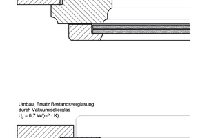  Die Mörikeschule in Baden-Württemberg: Querschnitte der Sanierungsfenster mit Einbau eines Vakuumisolierglases in den Aufsatzflügel (oben) und bei Ersatz der Bestandsverglasung durch ein Vakuumisolierglas (unten) 