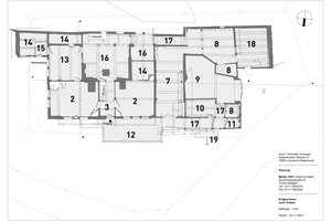  Grundriss Erdgeschoss 1 Dachraum 2 Stube 3 Diele 4 Grundofen 5 Kachelofen 6 Keller 7 Werkstatt 8 Abstellraum 9 Garage 10 Pferdestall 11 WC alt 12 Bruck 13 ?Stübele? 14 Bad 15 Flur 16 Küche 17 Gang 18 Holzlager 19 Wasserrad 