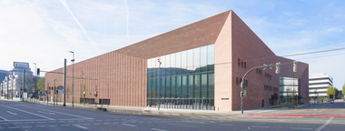 Die Faschen um die tropfenf?rmigen Rundfenster des Heidelberg Congress Centers wurden mit einem CNC-Roboter aus dem Sandstein gefr?st. Die Stein der Faschen ist glatt und pr?zise feingeschliffen, so dass hier die Maserung des Sandsteins gut erkennbar ist