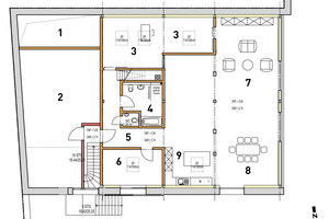  Grundriss Dachgeschoss 1 Luftraum 2 Abstellraum 3 Büro 4 Bad 5 Flur 6 Kreativraum 7 Wohnen 8 Essen 9 Küche 10 Schlafen 11 Loggia 