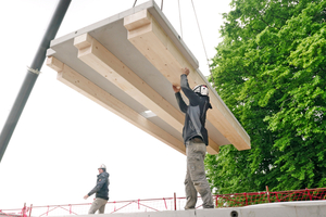  Ein HBV-Deckenelement: Unterschiedliche Dicken der Holzbalken aus der Bemessung. Variables, flexibles System. Aussparungen in der Decke für die Technische Gebäude Ausstattung (TGA) 