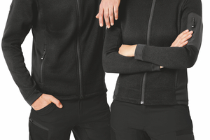  Viele der mehrlagig aufgebauten Kollektionsteile von FHB sind unisex tragbar und so geschnitten, dass sie im Schichtprinzip optimal funktionieren – etwa wie die als Midlayer einsetzbaren, körpernah getragenen Strick-Fleecejacken 