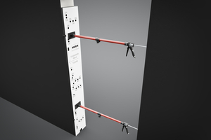  Schritt 1: Die Wandschablone wird an der Vorderkante der Wand auf der Türseite ausgerichtet und positioniert. Nach der Ausrichtung wird die Schablone mit einer Spreizzwinge fixiert 